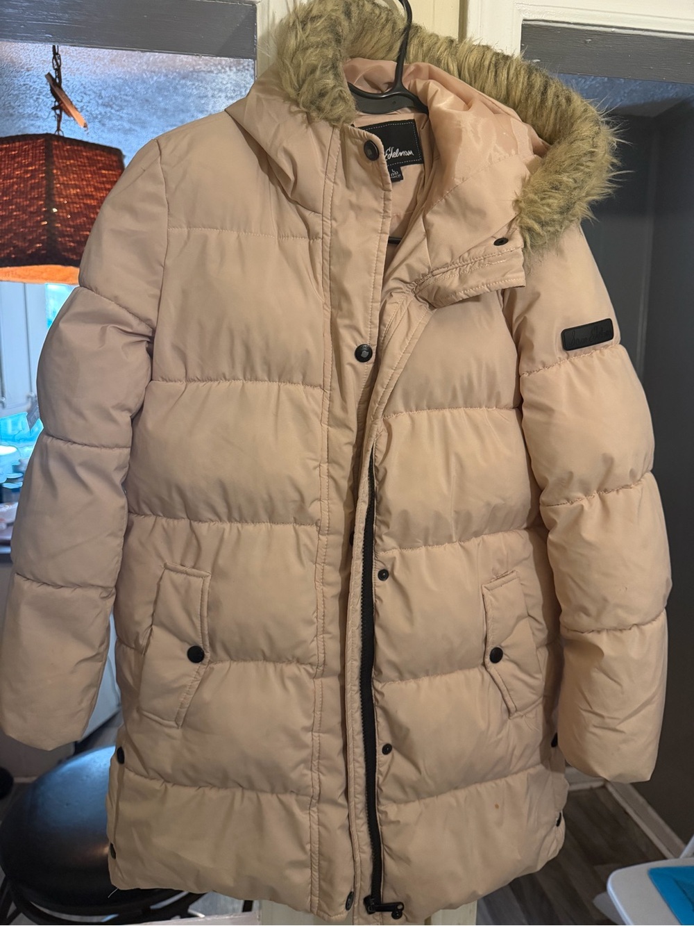 Sam Edelman Blush Pink Faux-Fur Trim Hooded Puffer Coat